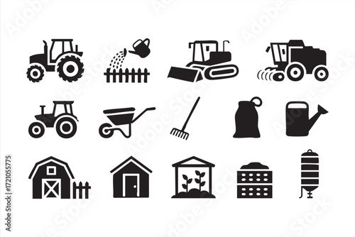 Vector icon collection of farming equipment, rural barn and greenhouse graphics