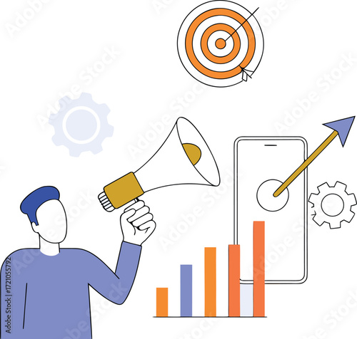 Man holding megaphone announcing marketing goals and business growth vector illustration illustration