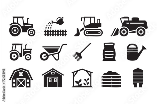 Farming tools and equipment vector pack, barn, wheelbarrow and greenhouse icons