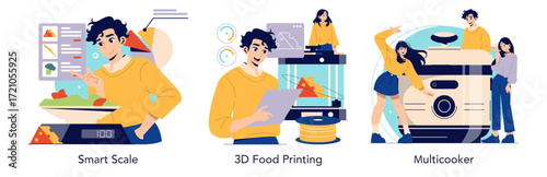 Smart Kitchen Technology Vector Illustration Set