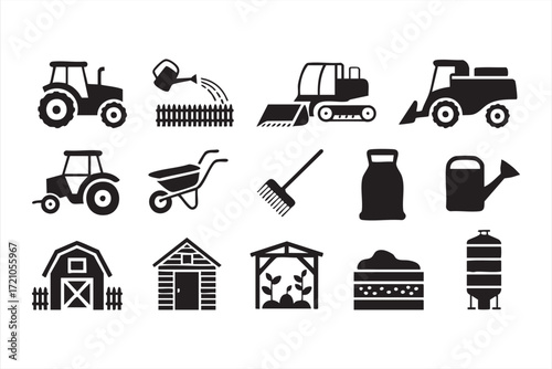 Farm machinery and agriculture equipment icons set with tractor and harvester