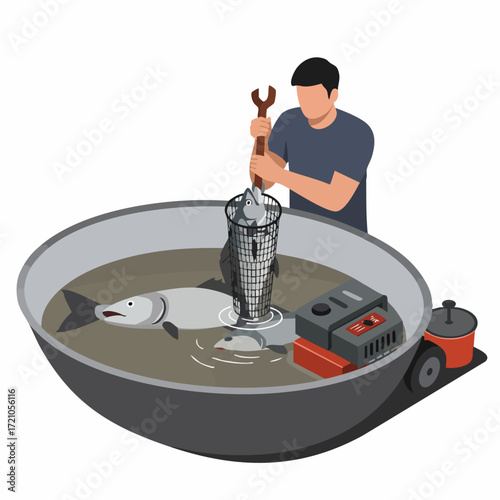 Detailed Isometric Illustration of Repairing A Fish Tank Equipment