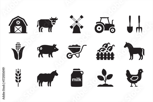 Barn, cow, pig, chicken and crops farming icons collection in black silhouette