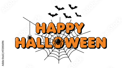Happy Halloween Greeting: A whimsical and vibrant digital illustration with bold orange lettering, adorned with classic Halloween icons.