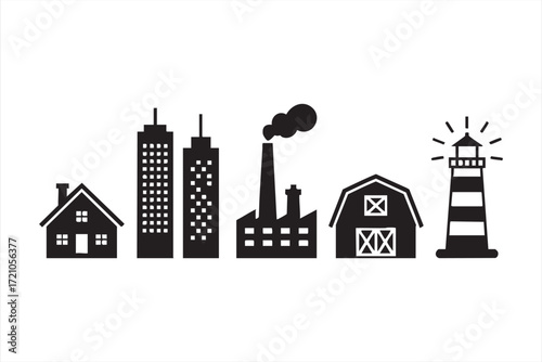 Black silhouette industry, agriculture and coastal building vector illustrations