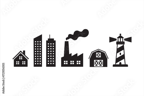 Urban and rural architecture icons collection, factory, barn, and coastal tower