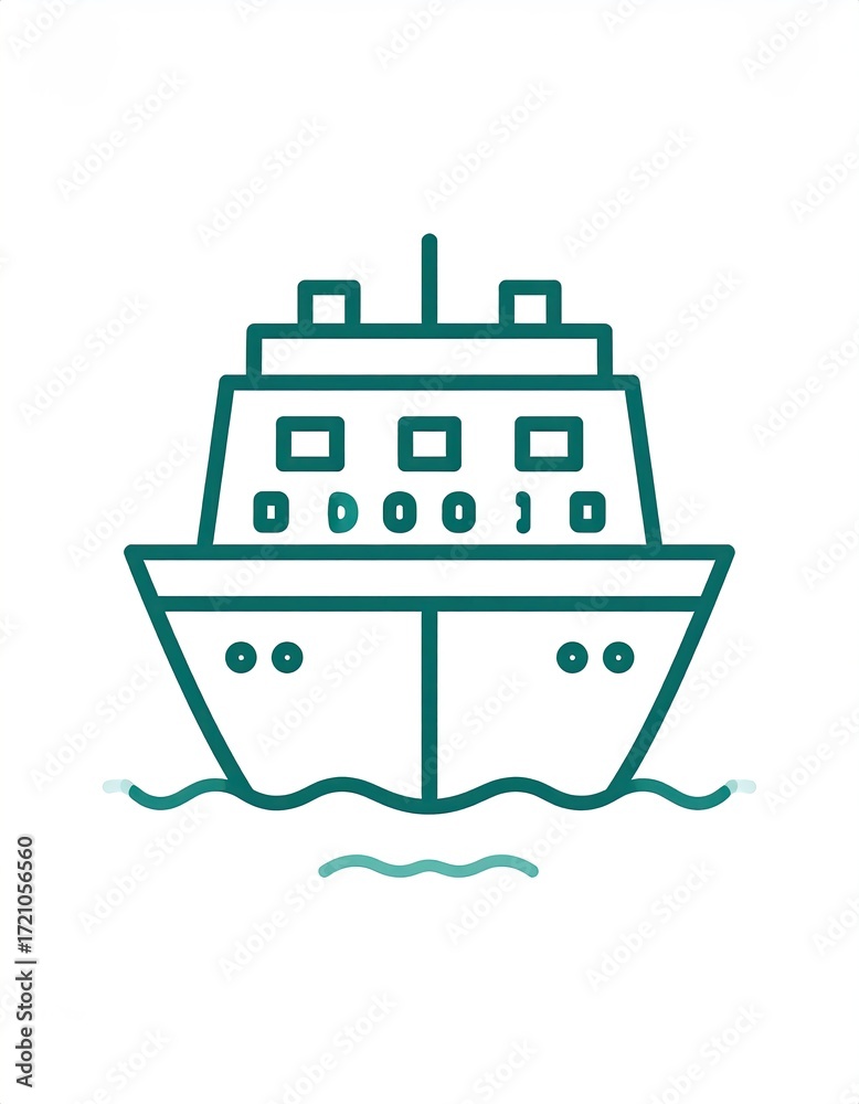 Obraz premium Simple teal outline ship on waves