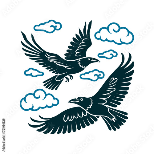Huginn and Muninn Ravens in Flight Illustration Odin’s Ravens Huginn and Muninn in flight