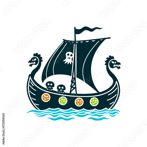 Cartoon Norse Drakkar Ghost Ship Illustration Norse Ghost Ship drakkar with a spectral sail