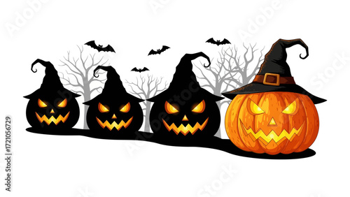 Spooky Halloween Pumpkins and Bats: A festive Halloween illustration features four carved pumpkins, one of which is adorned with a witch's hat.