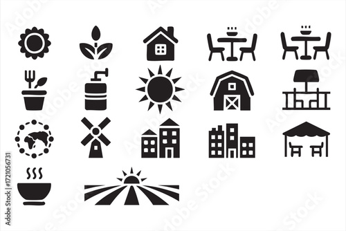 Black silhouette agriculture and rural lifestyle icons set with barn, house, and sun