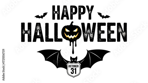 Happy Halloween emblem: Spooky Halloween emblem, features a carved pumpkin with eerie eyes and grin, surrounded by silhouettes of bats in flight and the date of October 31.