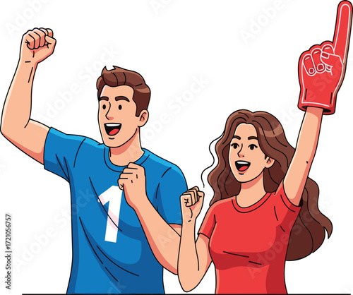 Cheerful man and woman celebrating victory, happy sports fans cheering with foam finger, excited couple supporting team, joyful lifestyle illustration