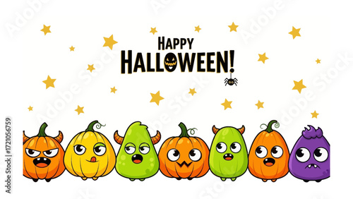 Halloween's Playful Parade: An array of whimsical Halloween monsters stands in a line, each exuding unique personality and charm, all against a festive backdrop of stars.