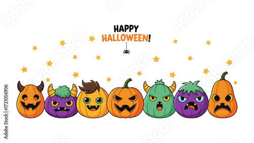 Happy Halloween: A cartoonish array of carved pumpkins and playful monsters comes together for a festive Halloween celebration, promising fun and a touch of the spooky in this whimsical composition.