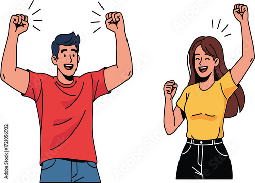 Happy young man and woman cheering, celebrating success, raising arms with joy, excited couple smiling, expressing victory celebration together outdoors