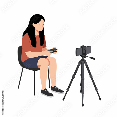 Flat Illustration Woman Playing Console Game Recording Stream on Mobile Phone