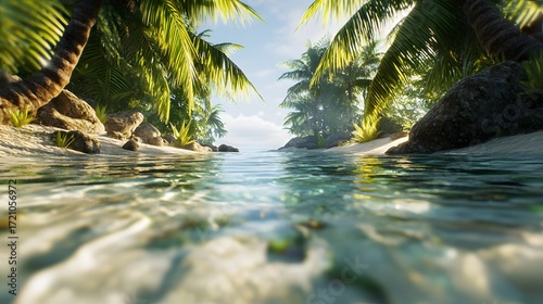 3D render of a tropical shoreline featuring calm turquoise water and palm trees.