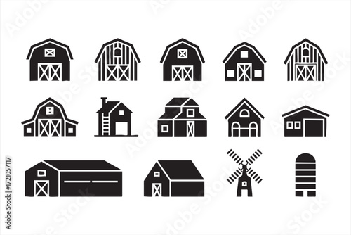 Barn icon pack, agriculture black vector illustrations for farming concepts