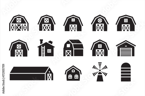Farming structures icons set with barns, silo, garage, and windmill designs