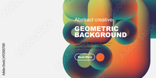 Abstract geometric background features vibrant overlapping circles. Text includes geometric background, sample text, plus read more button.