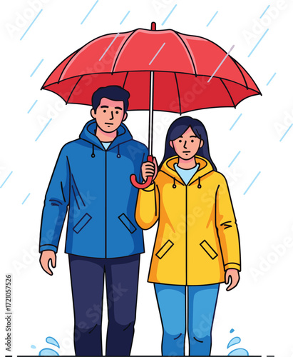 Young couple walking together under red umbrella in rainy weather, autumn season, romantic relationship, raincoat fashion, lifestyle love illustration