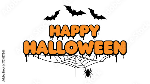 Halloween Scene: A festive Halloween design featuring the iconic phrase Happy Halloween amidst a backdrop of bats and a spider web, creating a spooky and celebratory atmosphere.