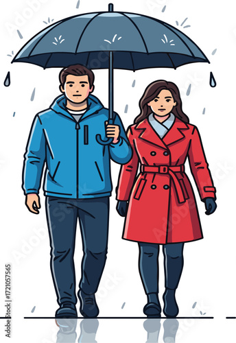 Romantic couple walking under umbrella in rainy weather, autumn season, love relationship, city lifestyle, rainy day fashion illustration