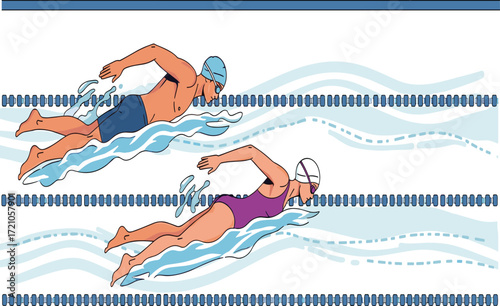Man and woman swimming freestyle stroke in competition pool, professional athletes racing, sports training, water fitness, swimming competition illustration
