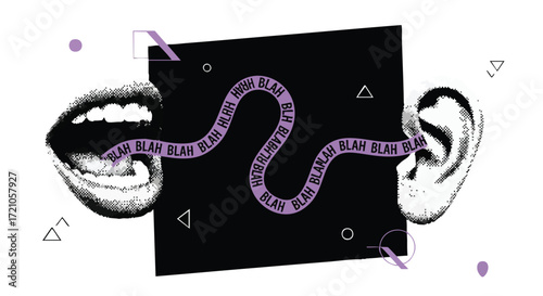 Conceptual art depicting communication, with a mouth speaking nonsense and gibberish to a listening ear.