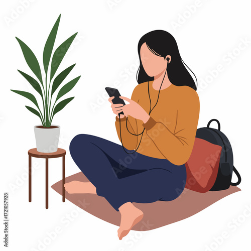 Minimalist Flat Illustration of Woman Listening Music with Plant and Backpack