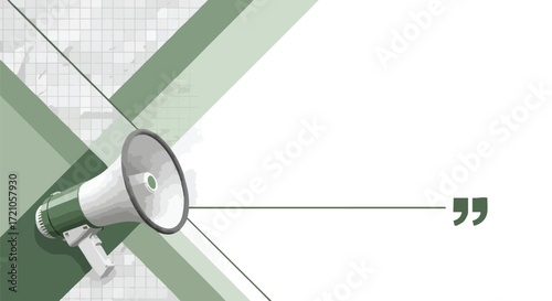 Megaphone graphic with quote mark on white background.