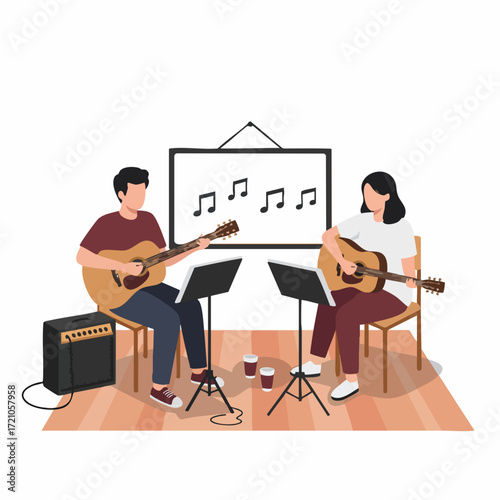 Flat Illustration Man and Woman Learning Acoustic Guitar Music Lesson Illustration