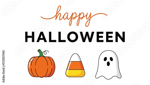 Happy Halloween: A vibrant illustration, featuring a charming pumpkin, a classic candy corn, and a playful ghost, all set against a backdrop, designed to ignite the festive spirit of the season. 