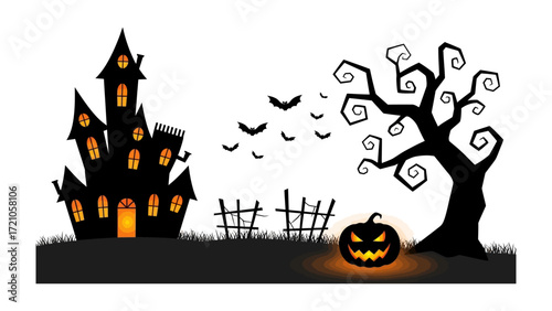 Spooky Halloween Night: A silhouette of a haunted house, gnarled tree, grinning jack-o'-lantern, and flying bats, creating an atmosphere of festive fear.