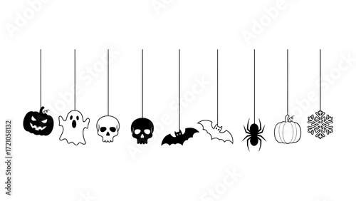 Spooky Hanging Ornaments: A collection of whimsical, minimalist black-and-white Halloween ornaments dangles, a visual representation of the joy and fright of the season.