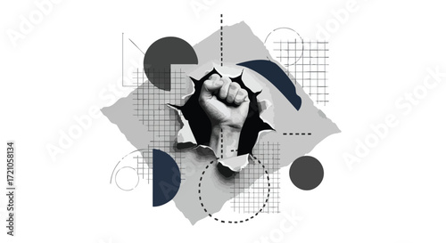 A powerful fist breaks through a paper background with abstract geometric shapes, symbolizing breakthrough and protest.