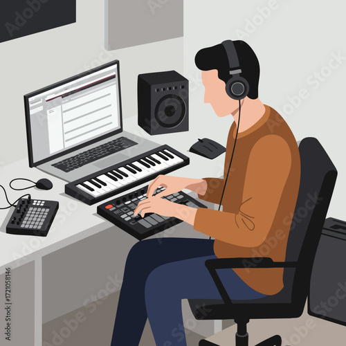 Flat Isometric Music Producer Composition Man Working on a Laptop