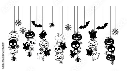 Halloween Embellishments: An array of eerie and festive Halloween decorations dangle, creating a spooky yet playful atmosphere that captures the spirit of the season.