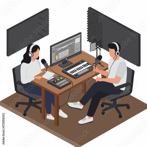Isometric Detailed Podcast Recording Studio with Male and Female Podcasters Illustration