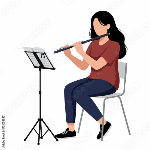 Flat Style Illustration of Woman Playing Flute on Chair Instrument