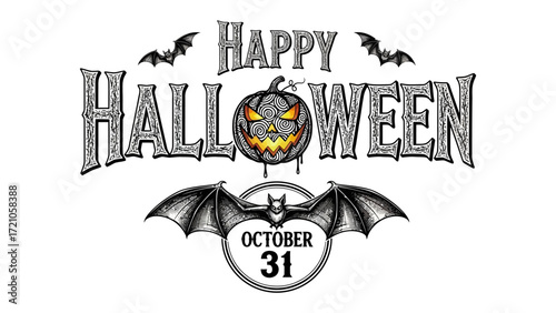 Happy Halloween Greeting: An evocative seasonal illustration, capturing the essence of Halloween with intricate details: a carved pumpkin with a sinister grin, accompanied by playful bats.