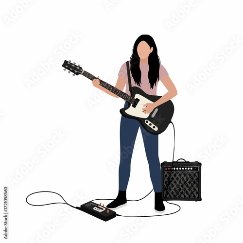 Minimalist Flat Woman Playing Electric Bass Guitar with Amplifier Illustration