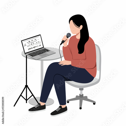 Simple Flat Illustration of Female Singer Performing Live Streaming at Home