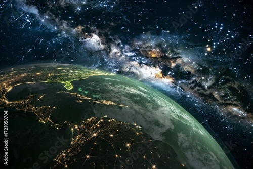 Earth and Moon in Space with Sun and Stars