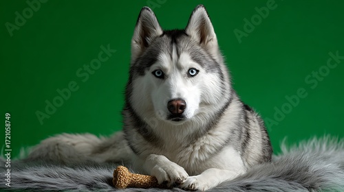 A husky dog lying on a fur rug with a bone against a green background looking at the camera shot in studio