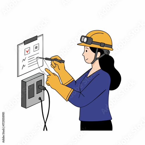 Simple Lineart Woman Electrical Engineer Inspecting Wiring Checklist Illustration