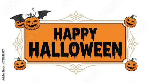 Spooky Halloween Sign: A vibrant Halloween greeting, festooned with grinning pumpkins, bats, alluding to the spirit of the spooky celebration. 