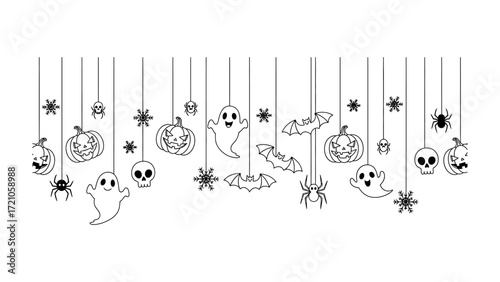Halloween Decorations: A collection of spooky Halloween decorations is suspended from above, featuring ghosts, pumpkins, spiders, and bats.