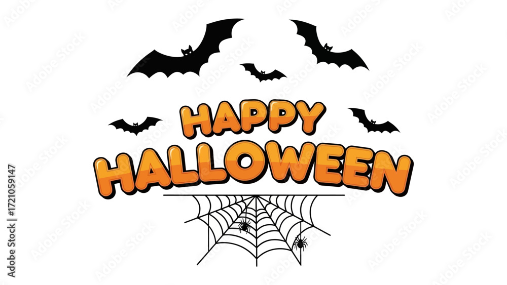 Obraz premium Happy Halloween Decoration: A vibrant and spooky Halloween decoration featuring the greeting Happy Halloween amid silhouetted bats, spiderwebs, and small spiders.